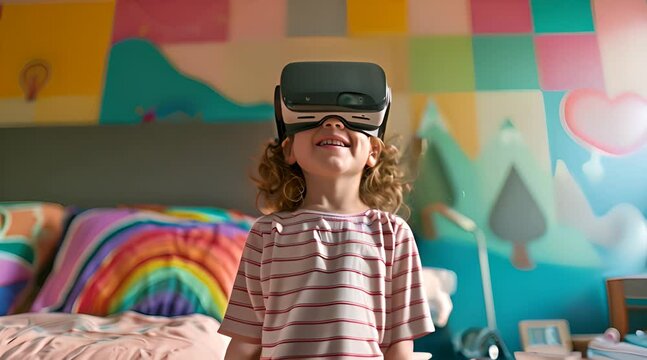 Young girl in a virtual reality gaming headset, joyful and smiling. The concept of virtual reality and gaming.