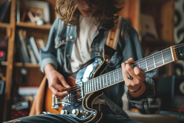 A passionate musician captivates the audience with their soulful guitar playing, their fingers dancing effortlessly on the strings as their face reflects the raw emotion of the music