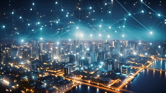 Smart city and wireless communication network concept. Digital network connection lines. Internet of Things and Information Communication Network.