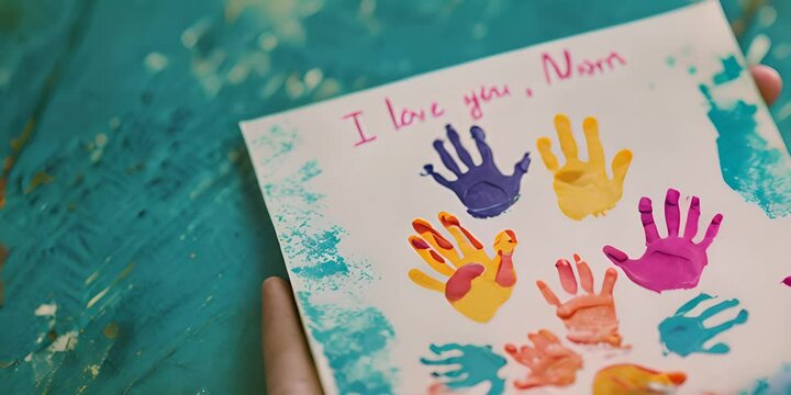 Children's card with handprints and the inscription "I love you, Mom". The concept of the holiday and family love.
