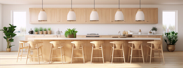 Warm and inviting kitchen with breakfast bar and lots of natural light - obrazy, fototapety, plakaty