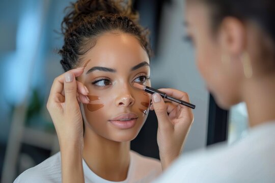A young woman with flawless skin sits in front of a clothing-adorned wall, as a skilled makeup artist carefully applies cosmetics to her face, accentuating her beautiful features and completing her s
