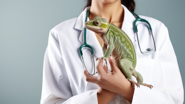 cropped photo, female veterinarian holding a chameleon in her arms, concept of medical care for rare animals