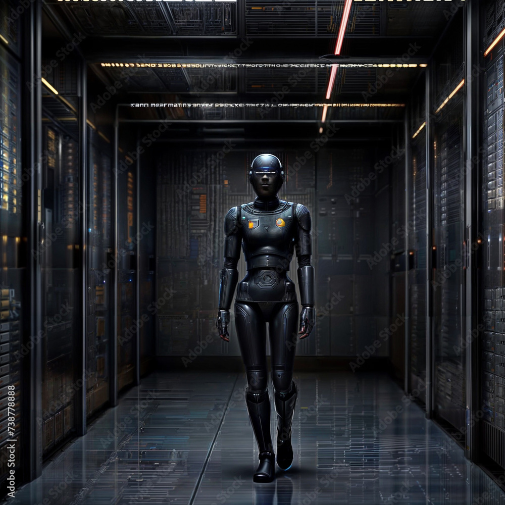 Poster robot standing in server room in front of row of servers.