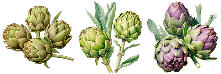 Set of  watercolor artichokes, isolated on transparent background