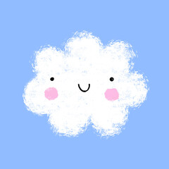Cute Happy White Cloud. Lovely Hand Drawn Vector Illustration with Happy Smiling Cloud on a Baby Blue Background. Childish Drawing-like Nursery Art Perfect for Card, Kids' Room Decoration. RGB.