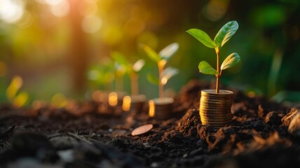 A series of coins planted in rich soil, each with a tiny sprout emerging, leading to a large, flourishing tree in the background. This progression represents the journey of investing. - obrazy, fototapety, plakaty