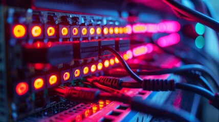 A server room with racks of computers processing blockchain transactions, with close-up on the flashing LEDs and cables, representing the backbone of cryptocurrency networks and big data processing.