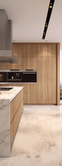 Modern minimalist kitchen design with wood cabinets and marble countertops.