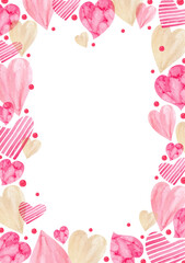 Illustration of a frame with watercolor pink and gold hearts for Valentine's Day with space for text or photo