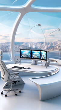 Futuristic workplace with panoramic city view has 3 monitors, keyboard and mouse.