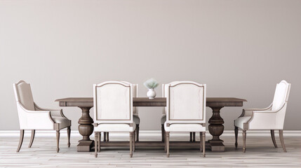 Elegant wooden dinning table with beige chairs and white vase centerpiece - obrazy, fototapety, plakaty