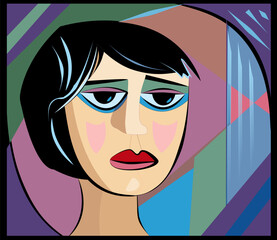 Colorful background, cubism art style,abstract portrait , sad woman - 738780229