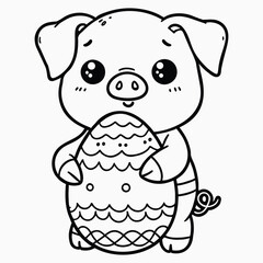 Cartoon piglet holding an Easter egg, line art for coloring. Easter coloring page, Vector file.
