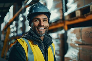 A smiling man in blue-collar workwear, wearing a hard hat and yellow vest, stands confidently on a bustling street, embodying the hardworking engineer that he is