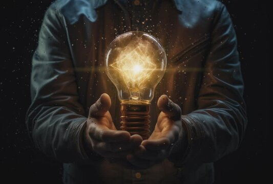 A businessman holds a glowing light bulb in his hand, symbolizing creativity and innovation. The focus is on the hand, highlighting the idea of inspiration