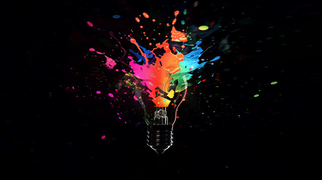 light bulb bursts, transforming into a fountain of liquid paint splashes in primary colors against a deep black background.