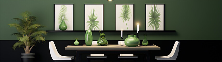 Black and white minimalist dinning room with green decorations - obrazy, fototapety, plakaty