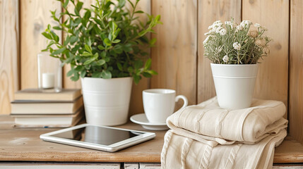 Fototapeta premium Table With Tablet Computer and Potted Plant