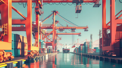 A bustling import-export dock scene under the clear blue sky, where a container ship fully loaded with boxes prepares for its next voyage. - obrazy, fototapety, plakaty