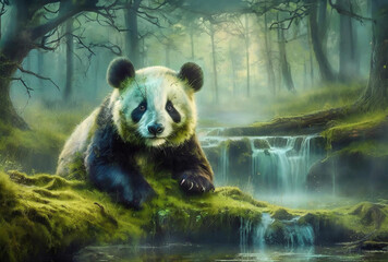 Süßer Pandabär im Moor, im Sumpf, mystischer Wald - obrazy, fototapety, plakaty