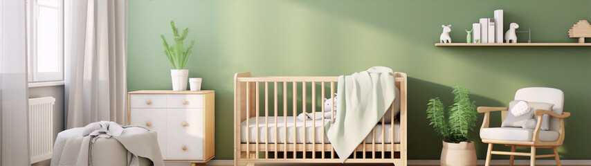 Green and white modern minimalist nursery with crib, plants, and toys - obrazy, fototapety, plakaty