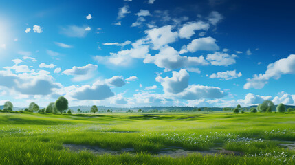 Obraz premium Nice view green a nice day, clouds clear sky background, Illustration