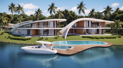 Modern house with pool and boat near palm trees