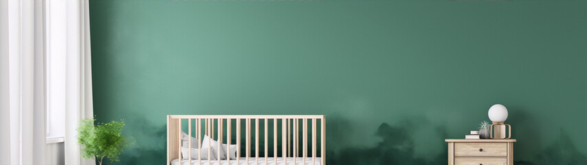 Minimalist empty green nursery with wooden crib and nightstand