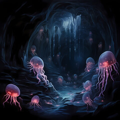 Bioluminescent creatures in a dark cave. 