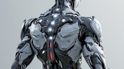Cyborg male cyborg with glowing eyes isolated on grey background