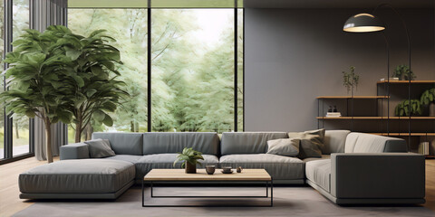 Grey couch and coffee table in a modern living room with large windows and green plants. - obrazy, fototapety, plakaty