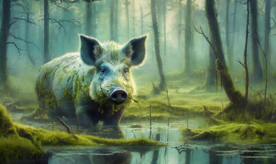 Weisses Wildschwein im Moor, im Sumpf, mystischer Wald