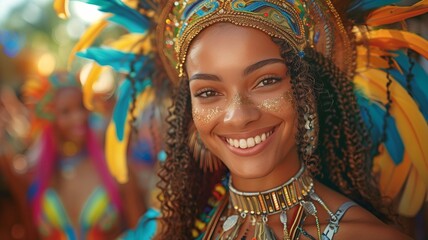 Selfie at the funfair celebration by a Brazilian female samba dancer - obrazy, fototapety, plakaty
