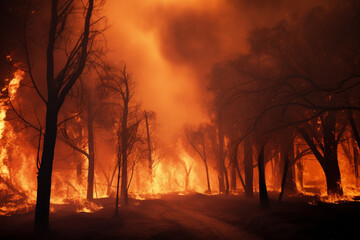 forest fire with burning trees