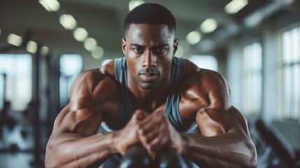 Portrait of strong african american man working out in gym - obrazy, fototapety, plakaty