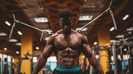Fototapeta na wymiar Handsome young African American man working out in a gym - Muscular bodybuilder doing exercises