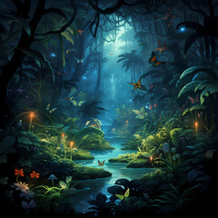 Fototapeta na wymiar Bioluminescent jungle with fantasy creatures.