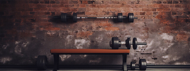 A barbell and a pair of dumbbells rest on a bench in front of a brick wall in a home gym. - obrazy, fototapety, plakaty
