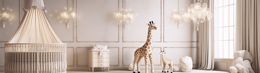 Elegant nursery with giraffe toys and soft furnishings in cream and brown. - obrazy, fototapety, plakaty