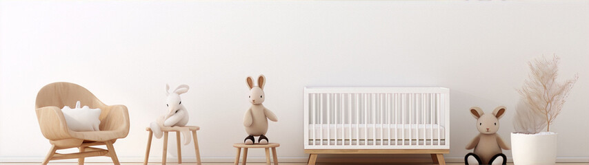 Minimalist nursery with crib, rocking chair and toys in neutral colors - obrazy, fototapety, plakaty