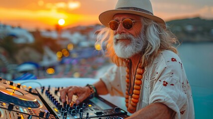 At an outdoor summer beach party, a hipster older man is DJ mixing.