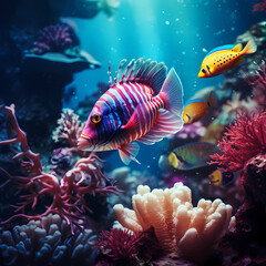 Fototapeta na wymiar Colorful underwater world with exotic fish.