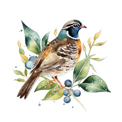 Quail sitting on branch, watercolor quail bird illustration 
