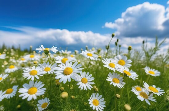 Beautiful field meadow flowers chamomile, blue wild peas in morning against blue sky with clouds, nature landscape, close-up macro. Wide format, copy space. Delightful pastoral airy artistic image. © Kseniya Ananko