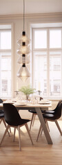 Black chairs and white table in dinning room with windows. - obrazy, fototapety, plakaty