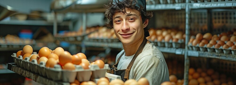 Egg production and sorting by a chicken farm worker