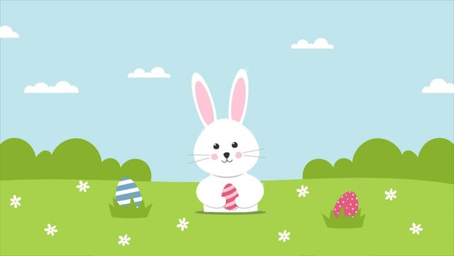 Happy Easter animation with cute bunny and easter eggs. Festive decoration
