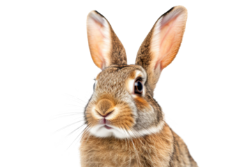 Studio portrait of cute rabbit isolated on transparent png background, happy bunny running on floor, adorable fluffy rabbit that sniffing.