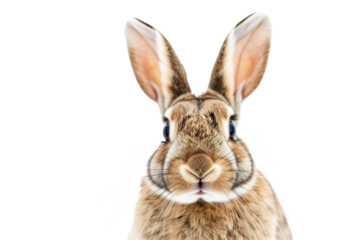 Studio portrait of cute rabbit isolated on transparent png background, happy bunny running on floor, adorable fluffy rabbit that sniffing.